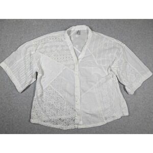 Sacred Threads Women Top‎ Large Floral Geo Lace Patchwork Sheer Button Up